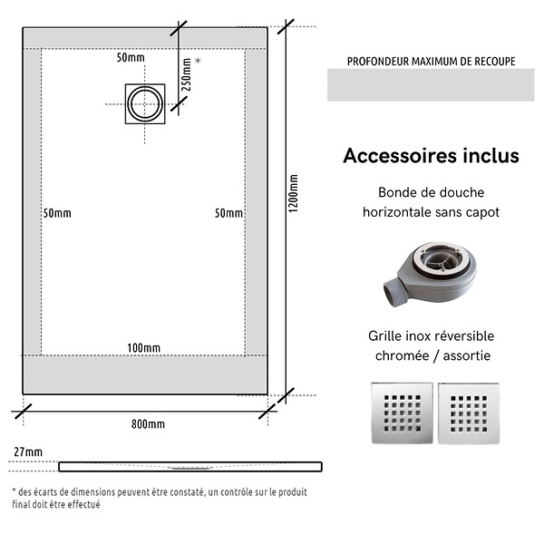 GODART - Receveur de douche 80x120 extraplat antidérapant blanc effet texturé + bonde - Ceane - large