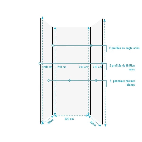 AURLANE - Pack de 3 Panneaux Muraux Aluminium Blanc 90+120+90x210 cm avec Profilés Noirs - WALL'IT - large