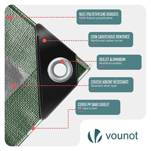 VOUNOT - Bâche de Protection en Polyéthylène resistant et impermeable 240g/m² vert et argent 2x3m - large