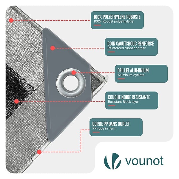 VOUNOT - Bâche de Protection en Polyéthylène resistant et impermeable 180g/m² gris et noir 1.5x6m - large