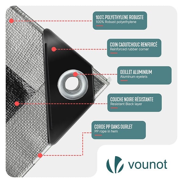 VOUNOT - Bâche de Protection en Polyéthylène resistant et impermeable 240g/m² gris et noir 3x4m - large