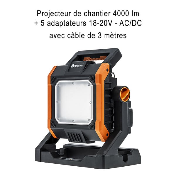 BATILEC - Projecteur de chantier 4000 lm + 5 adaptateurs 18-20V - AC/DC avec câble de 3 mètres - Compatible pour batterie Black & Decker, Bosch, Dewalt, Makita, Metabo, Milwaukee et Stanley - IP65 - large