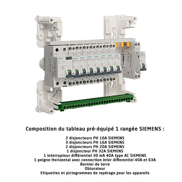 SIEMENS - Tableau 1 rangée pré-équipé monophasé 1 inter. diff. 40A type AC + 8 disjoncteurs-SIEMENS - large