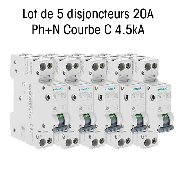 SIEMENS - Lot de 5 Disjoncteurs électriques phase + neutre 20A-SIEMENS - large