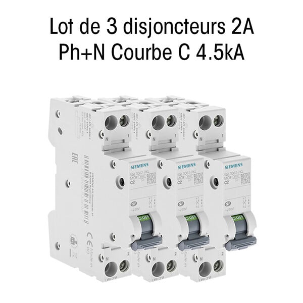 SIEMENS - Lot de 3 Disjoncteurs électriques phase + neutre 2A-SIEMENS - large