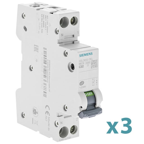SIEMENS - Lot de 3 Disjoncteurs électriques phase + neutre 32A-SIEMENS - large