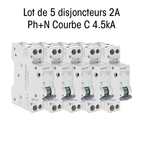 SIEMENS - Lot de 5 Disjoncteurs électriques phase + neutre 2A-SIEMENS - large