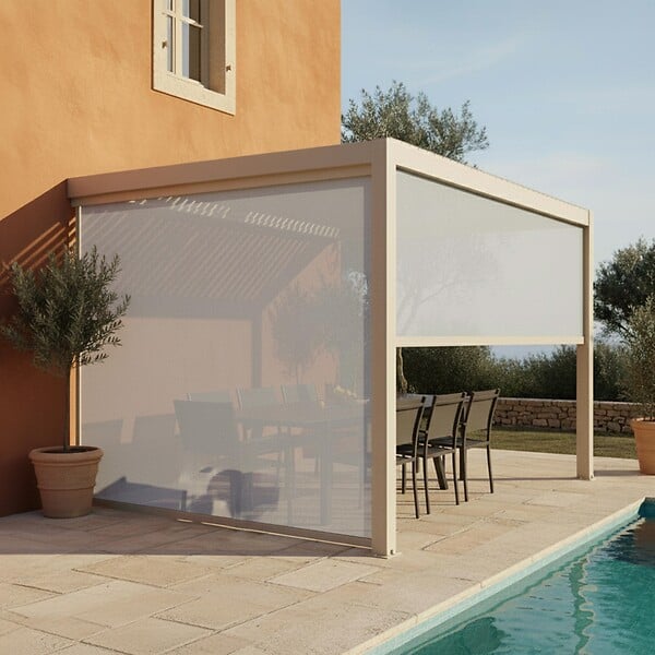 OVIALA - Pergola bioclimatique adossée 3x4 m et 2 stores bois crème - Oia - large