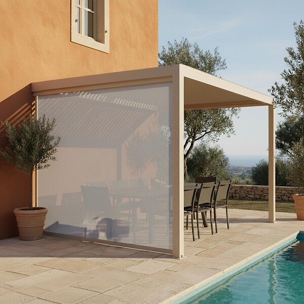 OVIALA - Pergola bioclimatique adossée 3x4m et 1 store bois crème - Oia - large