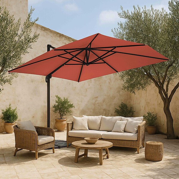 OVIALA - Parasol déporté 4x3 m inclinable + 4 dalles à lester terracotta - Caserta - large