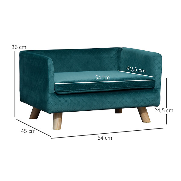 PAWHUT - Canapé chien lit pour chien design scandinave coussin moelleux pieds bois massif dim. 64 x 45 x 36 cm velours bleu canard - large