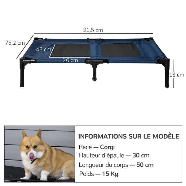 PAWHUT - Lit sur pieds XXL pour chien chat lit de camp animal lit surélevé tissu oxford textilène micro-perforé 92L x 76l x 18H cm bleu marine - large