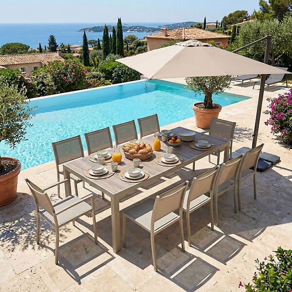OVIALA - Table de jardin céramique effet bois 206 cm et 10 chaises crème - Tivoli - large