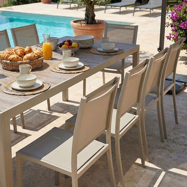 OVIALA - Table de jardin céramique effet bois 206 cm et 10 chaises crème - Tivoli - large