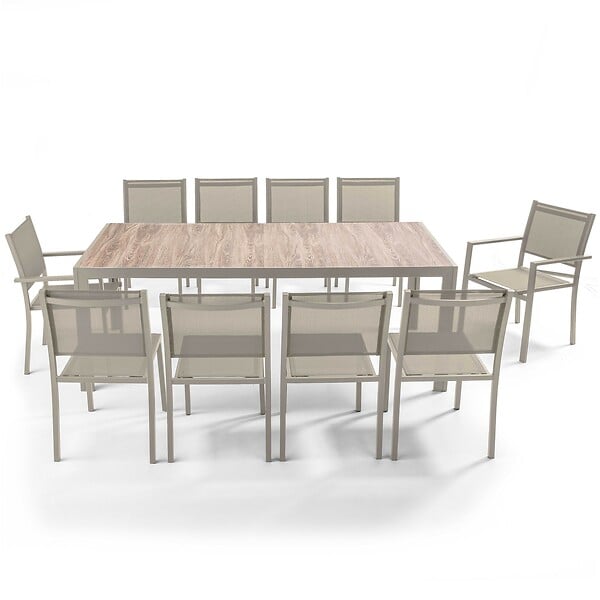 OVIALA - Table de jardin céramique effet bois 206 cm et 10 chaises crème - Tivoli - large