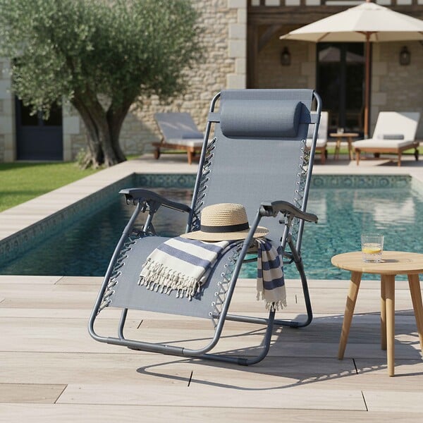 OVIALA - Fauteuil relax de jardin en acier et textilène inclinable bleu foncé - Monaco - large
