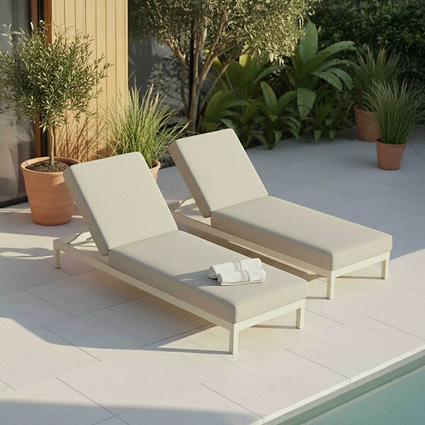 OVIALA - Lot de 2 bains de soleil inclinable en aluminium crème - Galapagos - large