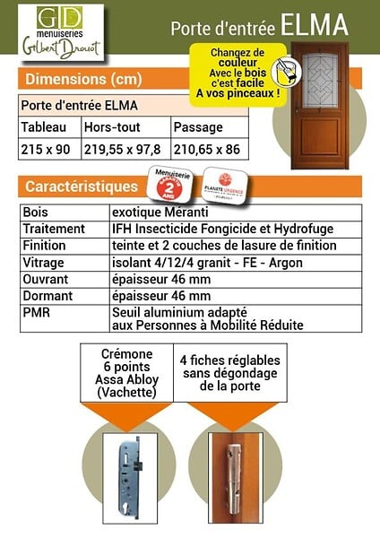 GD MENUISERIES - Porte d'entrée Bois Vitrée Elma, H215 x L90 cm Côte Tableau, p.Droit (Poignee, Barillet ref 010403FP) - large