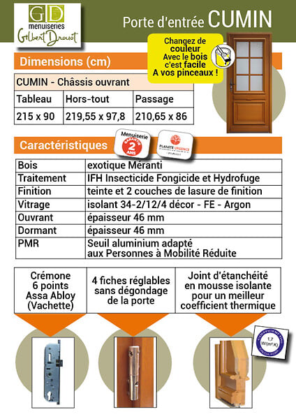 GD MENUISERIES - Porte d'entrée Bois vitrée, Cumin, H215 x L90 cm Côte Tableau p.Gauche (Poignee, Barillet ref 010403RFP) - large