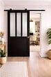 GD MENUISERIES - Porte Coulissante Atelier Noir vitre depoli H204 x L83 cm, Rail Roulettes, Coquilles - vignette