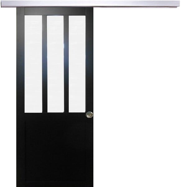 GD MENUISERIES - Porte Coulissante Atelier Noir vitre depoli H204 x L83 cm, Rail Alu, Coquilles - large