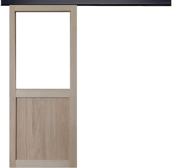 GD MENUISERIES - Porte Coulissante Atelier placage chene Vitrée H204 x L73 cm, Rail Alu bandeau noir - large