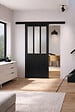 GD MENUISERIES - Porte Coulissante Atelier Noir vitre depoli H204 x L73 cm, Rail alu Bandeau Noir - vignette