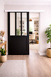 GD MENUISERIES - Porte Coulissante Atelier Noir H204 x L83 cm, Rail Alu Bandeau blanc, Coquilles Noir - vignette
