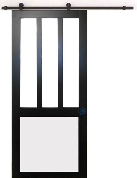 GD MENUISERIES - Porte Coulissante Atelier noir, blanc Vitrée H204 x L73 cm, Rail Roulettes, Coquilles Noir - large