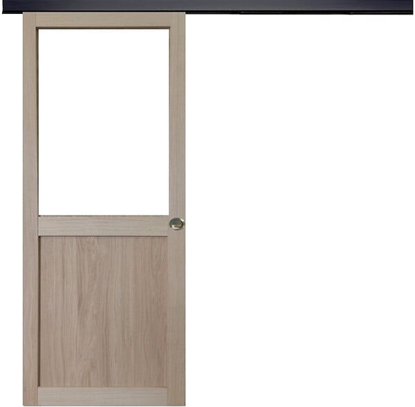 GD MENUISERIES - Porte Coulissante Atelier placage chene Vitrée H204 x L73 cm, Rail Alu bandeau noir, Coquilles - large