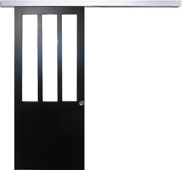 GD MENUISERIES - Porte Coulissante Atelier Noir H204 x L93 cm, Rail Alu, Coquilles - large