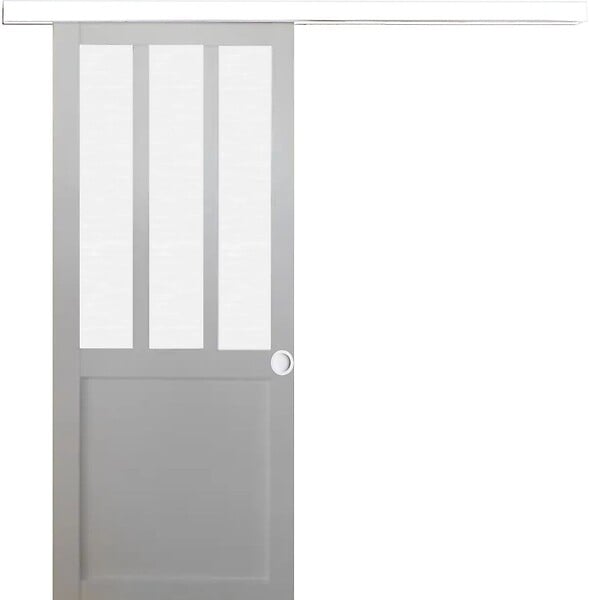 GD MENUISERIES - Porte Coulissante Atelier Blanc vitre depoli H204 x l93 cm, Rail alu Bandeau Blanc, Coquilles blanc - large