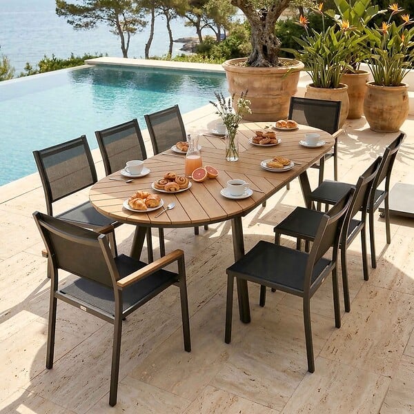 OVIALA - Ensemble table extensible 180/220 cm et 8 chaises de jardin effet bois - Jakarta - large