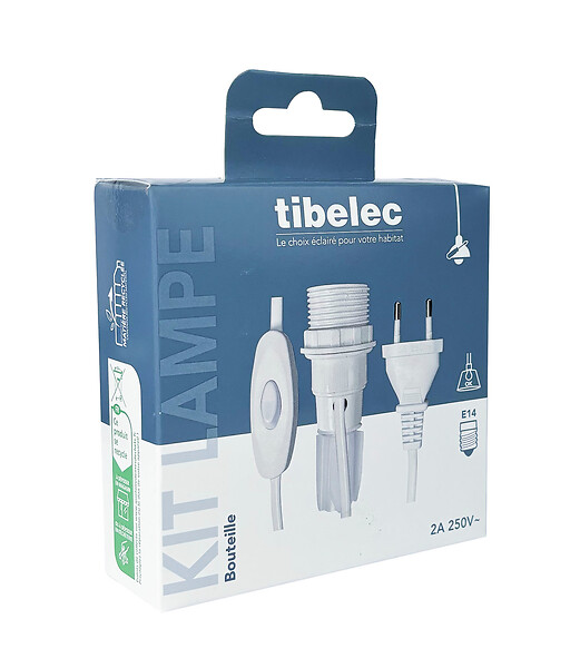 TIBELEC - Kit adaptateur bouteille équipé E14 blanc - large