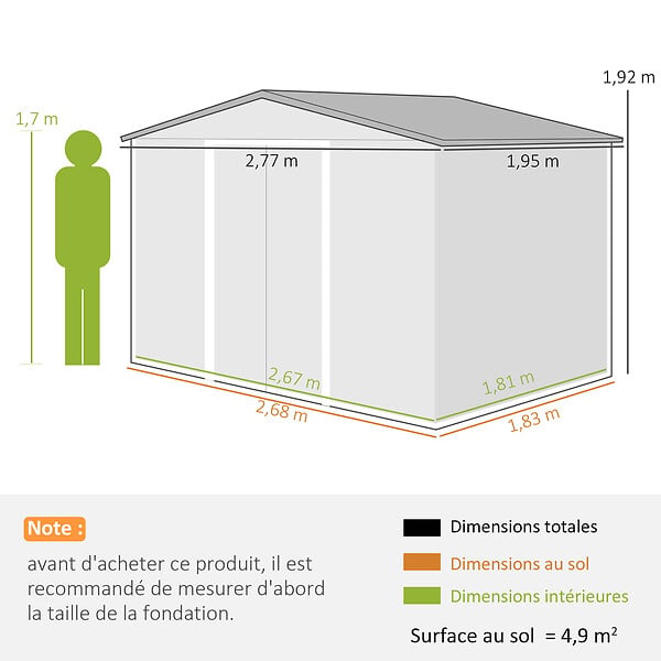 OUTSUNNY - Abri de jardin - remise pour outils - cabanon double porte coulissante - fondation incluse - dim. 277L x 191l x 192H cm - tôle d'acier ondulée grise - large