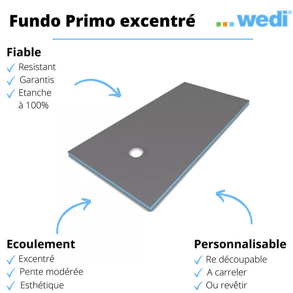 WEDI - Receveur de douche à carreler 120 x 90 Fundo Primo rectangle écoulement excentré + bonde horizontale + kit d'étanchéité - large