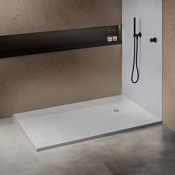 U-TILE - Receveur résine 120 x 80 cm blanc effet granit - grille carrée excentrée - large