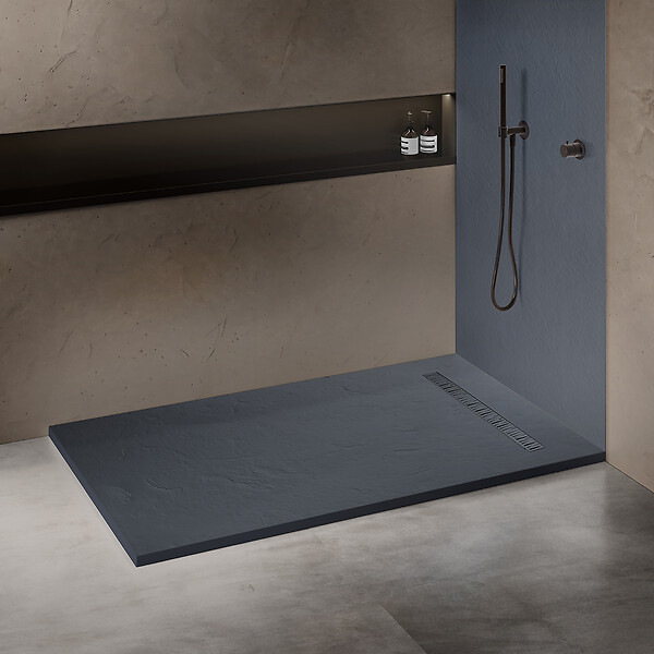 U-TILE - Receveur résine 120 x 90 cm gris ardoise effet ardoise - grille caniveau excentrée - large