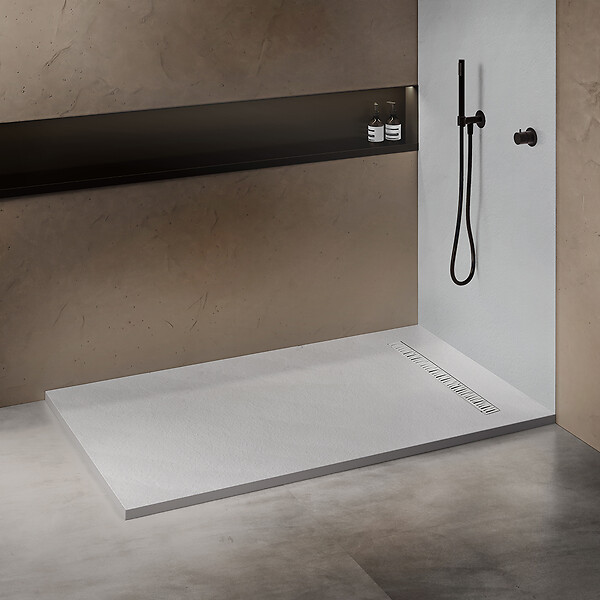 U-TILE - Receveur résine 200 x 100 cm blanc effet granit - grille caniveau excentrée - large