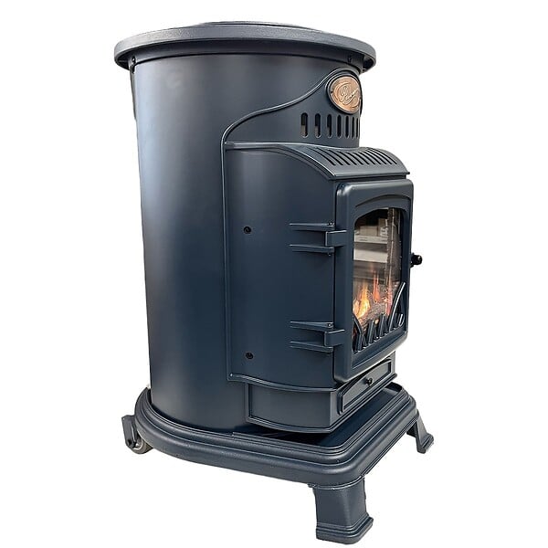 SAHARA - Poêle à gaz 3,4KW Fonte Véritable – Chauffage d'appoint Design Bleu Saphir Mat - Effet feu de bois, sur roues Provence Sahara - large
