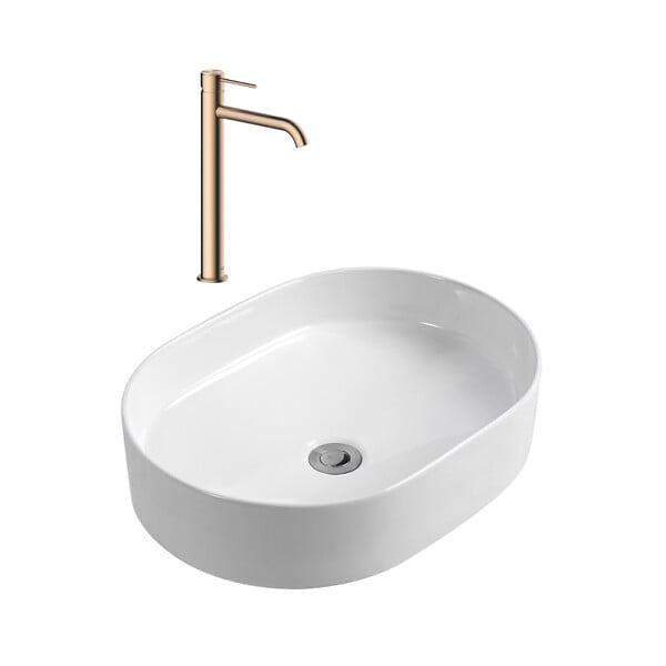 CERAMIA - Ceramia Aurum mitigeur lavabo en inox, or rose + Ceramia PixL 50x36,5x12 cm vasque à poser, blanc (SAT285BRGCEPX5037) - large