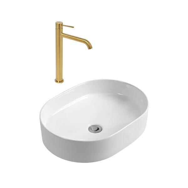 CERAMIA - Ceramia Aurum mitigeur lavabo haut 30,8 cm inox, or + PixL 50x36,5x12 cm vasque à poser, sans trop-plein, blanc (SAT285BGCEPX5037) - large