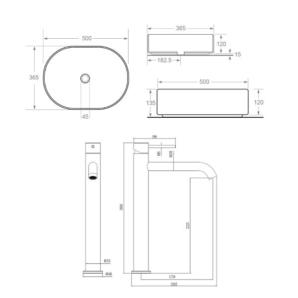 CERAMIA - Ceramia Aurum mitigeur lavabo haut 30,8 cm inox, or + PixL 50x36,5x12 cm vasque à poser, sans trop-plein, blanc (SAT285BGCEPX5037) - large