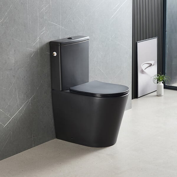 SWISS AQUA TECHNOLOGIES - Swiss Aqua Technologies Brevis WC à poser complet sans bride en céramique avec abattant SoftClose, rinçage Vortex, noir mat (SATBRE031RTORVPBKM) - large