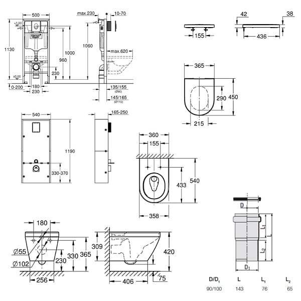 GROHE - Grohe Solido + pack WC bâti-support 4 en 1 + WC suspendu sans bride Grohe avec abattant SoftClose + plaque (GRGRWR02-FR) - large