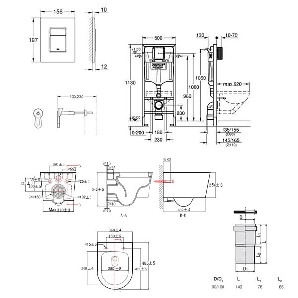 GROHE - Grohe Rapid SL Pack WC bâti + WC suspendu sans bride avec abattant SoftClose Swiss Aqua Technologies + plaque (GRRSTBRWR01MAN-FR) - large