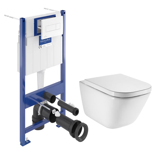 VILLEROY & BOCH - Pack WC bâti-support sol-mur + WC suspendu sans bride Roca avec abattant SoftClose + plaque (VBROGAWR01-FR) - large