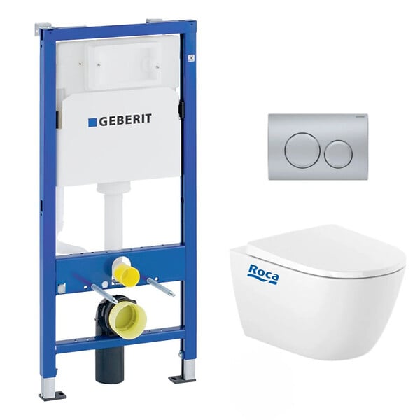 GEBERIT - Geberit + Roca Pack WC Bâti UP100 + Cuvette Roca Ona sans bride fixations invisibles + Plaque chrome mat - large
