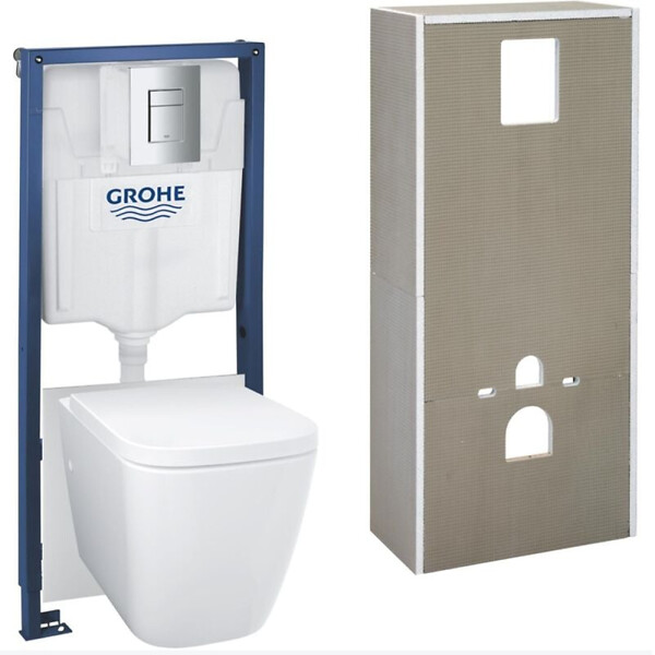 GROHE - Grohe Solido pack WC suspendu + cuvette sans bride + plaque de commande chromée, isolant et habillage à carreler (G36535000) - large