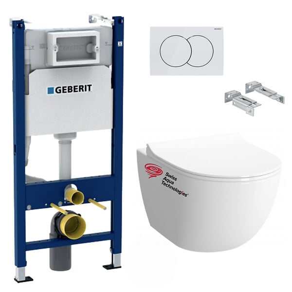 GEBERIT - Geberit + Swiss Aqua Technologies Pack WC sans bride Infinitio, fixations invisibles + Abattant softclose slim + Bâti support Geberit UP100 + Plaque blanche - large